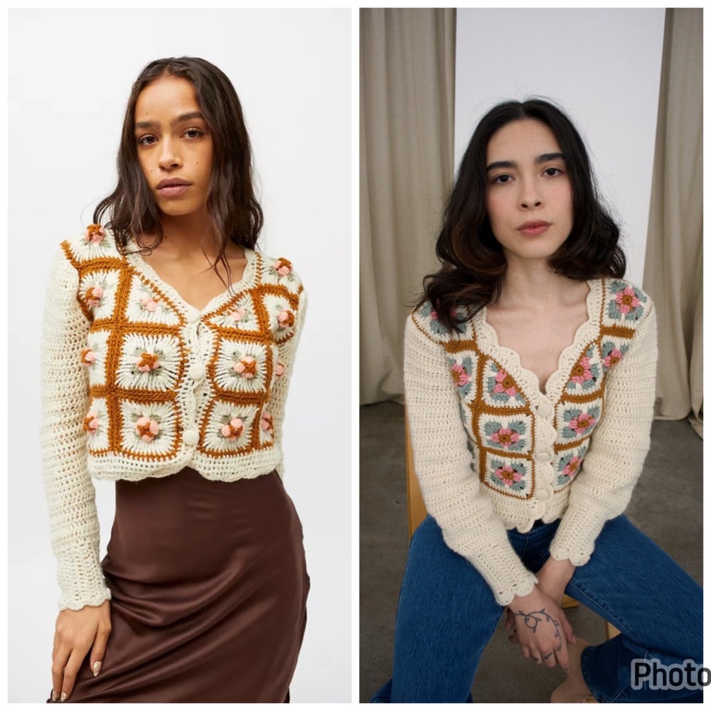 Tach Clothing Telma Wool Cardigan Sweater Crochet Granny Floral Flower Large